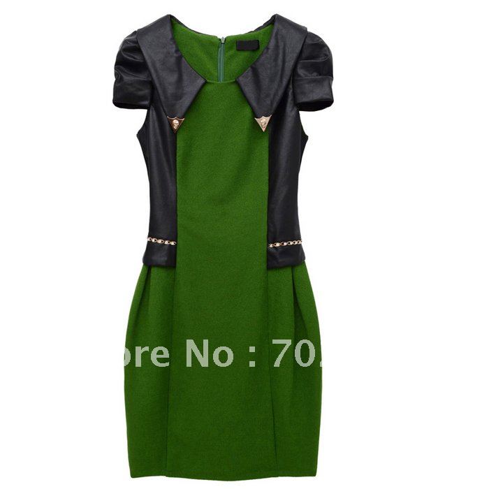 Holiday Sale Cheap Free Shipping Autumn Winter Fashion Leather Patched Short Sleeve Dress 2013