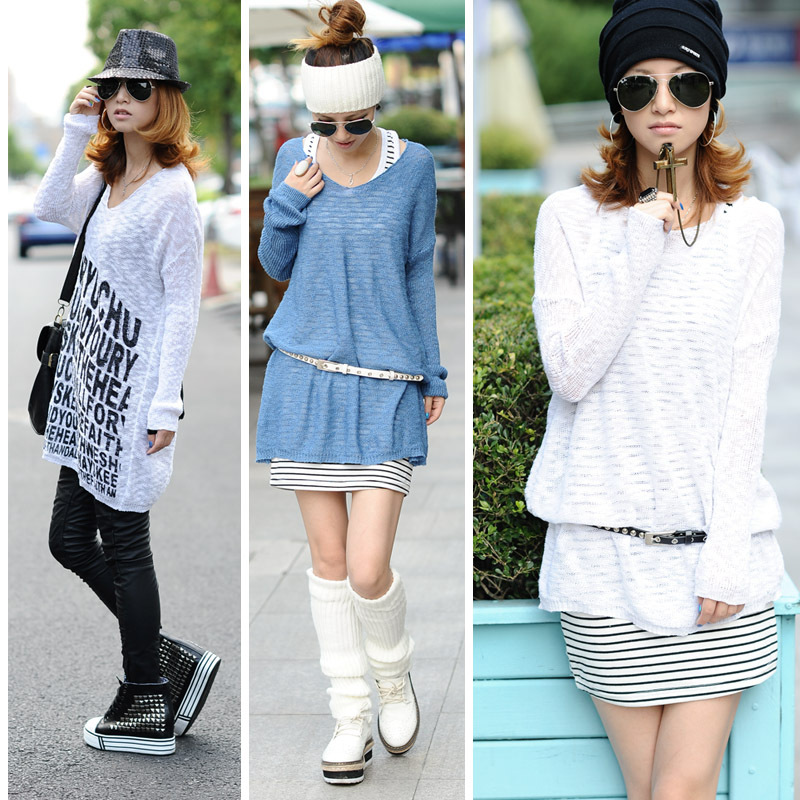 Holiday Sale!!!Fashion Female V-neck Loose Large-panel Sweater Sweater Dress Women Belt As Gift High Quality Free Shipping