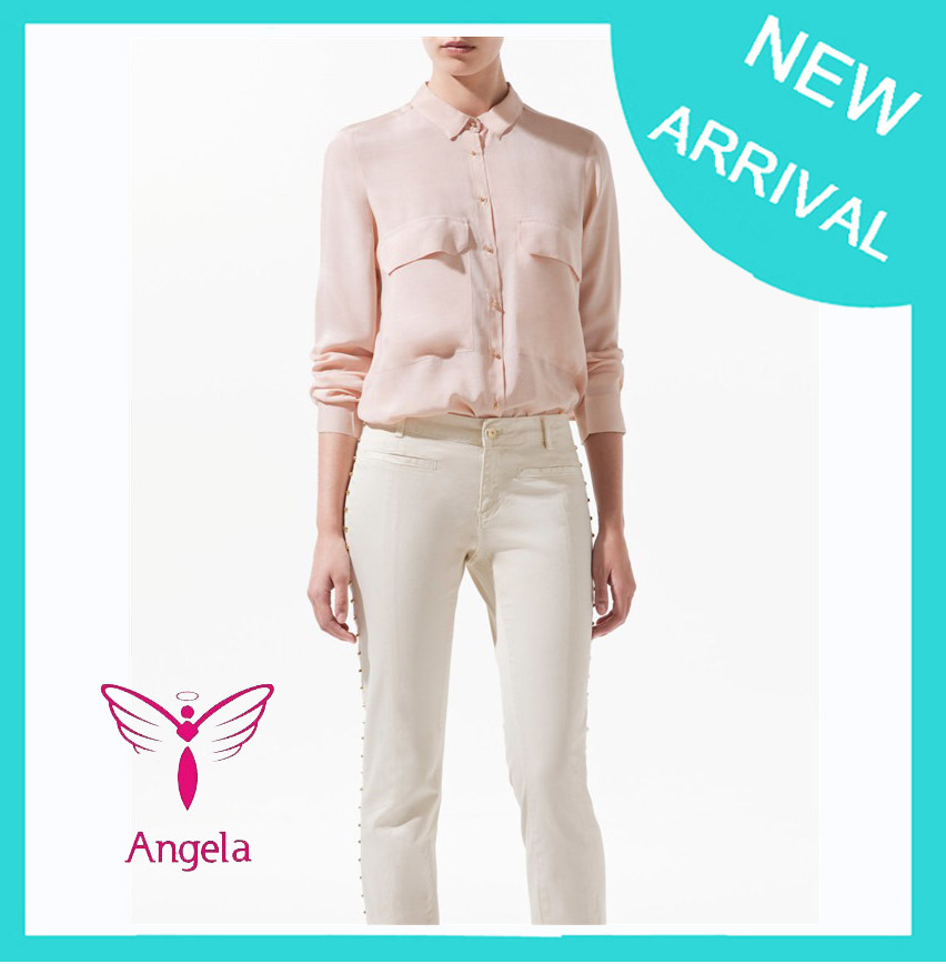 Holiday Sale Fashion Women  Long Sleeve Brand Blouse Tops Double Pocket Office Lady S,M,L White,Red,Pink   WSH-055