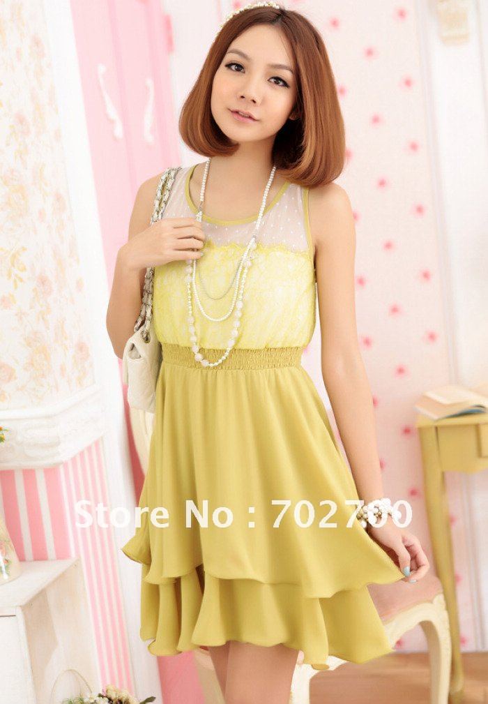Holiday Sale Free shipping! 2012 Summer New Lace chiffon double lotus leaf skirt elastic waist sleeveless Dress FQ2270 J J G