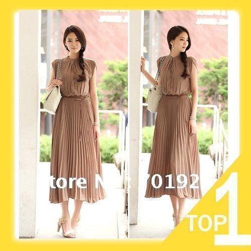 Holiday Sale Free shipping 2013 New korean chiffon Elegant sleeveless Draped Pleat long dresses (with belt) Y3150