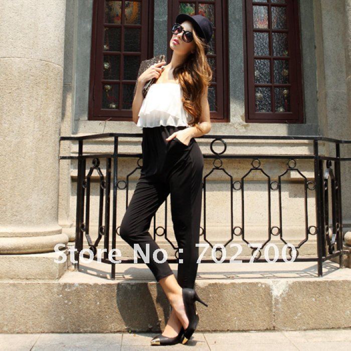 Holiday Sale Free Shipping 2013 Summer Europe United Streetwear sexy falbala patchwork spaghetti strap Chiffon Jumpsuits K528