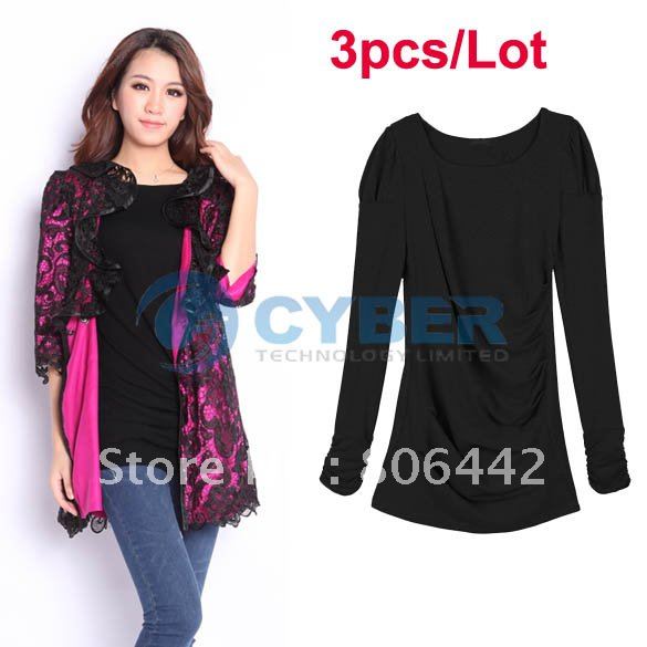 Holiday Sale Free Shipping 3pcs/Lot Korea Fashion Women's Autumn Slim Round Collar Puff Sleeve Long T-shirt Shirt Tops