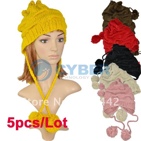 Holiday Sale Free Shipping 5pcs/Lot Women's Fashion Lovely Winter Earflap Snow Knit Hat Beanie Ski Cap 6 Colors 7672