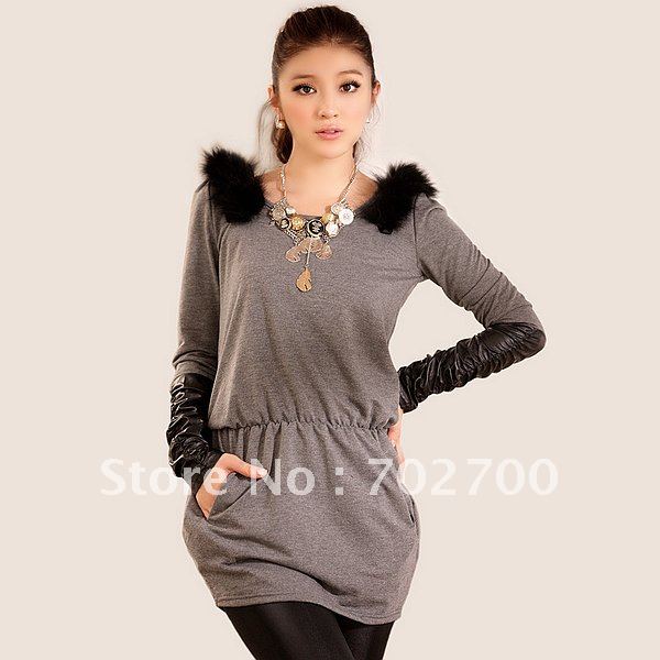 Holiday Sale Free Shipping! Autumn Winter New Fashion Elastic Waist Pleated Leather Sleeve Ladies' Casual Dress