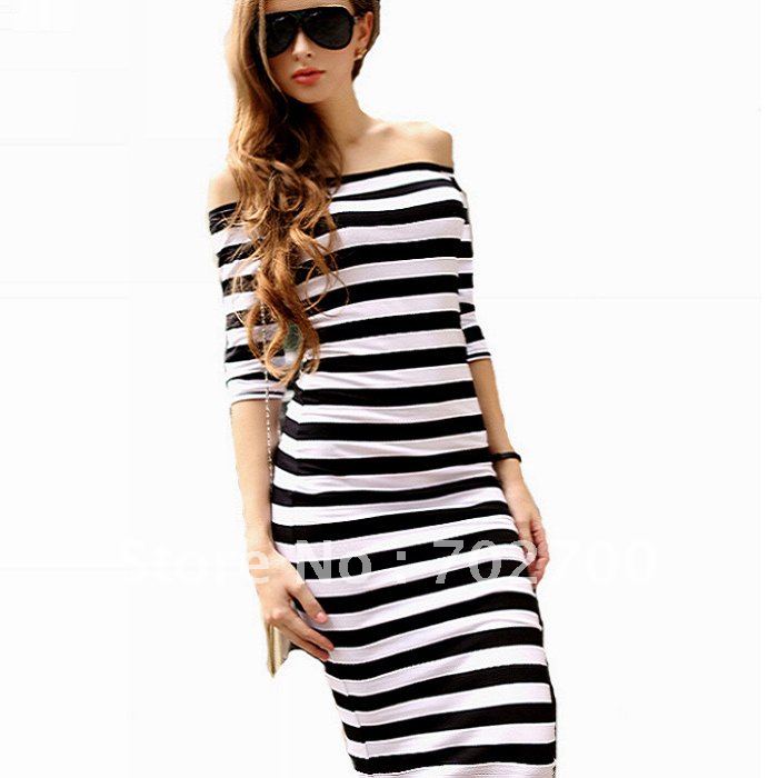 Holiday Sale Free Shipping! Autumn Winter New Fashion Sexy Off The Shoulder Knee Length Strapless Stripe Dress