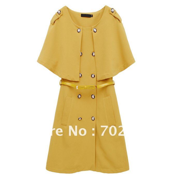 Holiday Sale Free Shipping Fashion Detachable Cape Double Breasted Tank Dress Two Pieces Women Winter Trench Coat