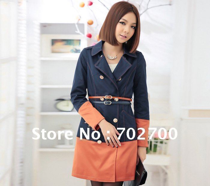 Holiday Sale Free Shipping Fashion Elegant Color Block Long Sleeve With Free PU Belt Double Breasted Womens Winter Trench Coat