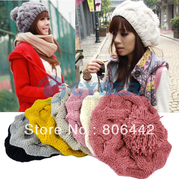 Holiday Sale Free Shipping Fashion Women's Winter Warm Knit Wool Beanie Hat Crochet Warm Pumpkin Ball Hat 9083
