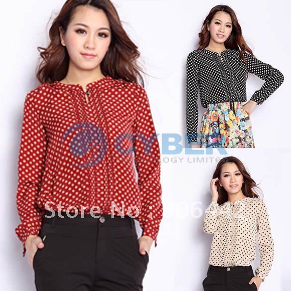 Holiday Sale Free Shipping Korea Fashion Women's Autumn Dot Stand Collar Long Sleeve Chiffon Shirt Blouse Tops