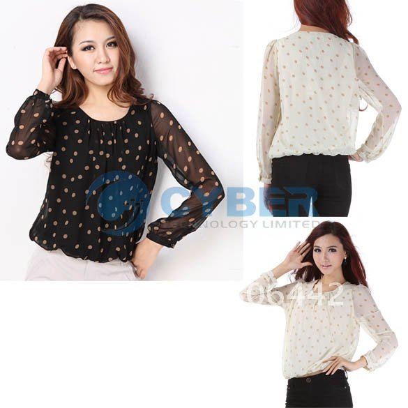 Holiday Sale Free Shipping Korea Fashion Women's Dot Pattern Round Collar Long Sleeve Chiffon Blouse Shirt Top 7897