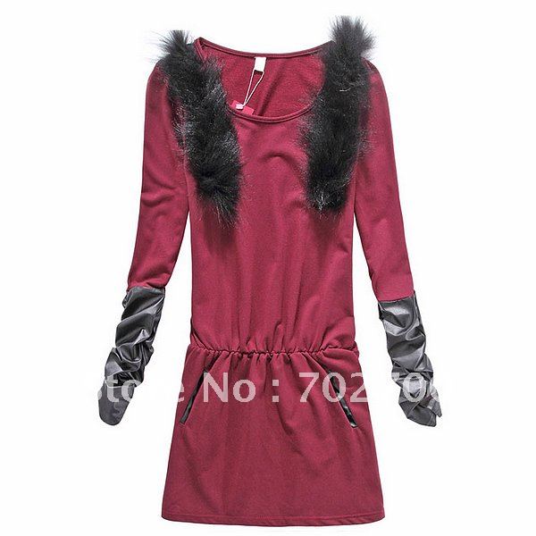 Holiday Sale Free Shipping! Plus Size Autumn Winter Fashion Elastic Waist Pleated Leather Sleeve Ladies' Casual Dress