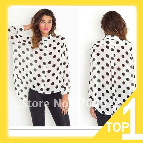 Holiday Sale FREE SHIPPING POLKA DOT TURN DOWN COLLAR CHIFFON SHIRT Y3824