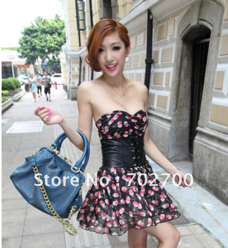 Holiday Sale Free Shipping Sexy Designs Printed chiffon fight Leather Corset wrap chest dress K186