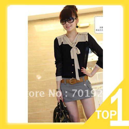 Holiday Sale Free shipping Western Style Elegant Long Sleeve Chiffon Blouse Black Y3885