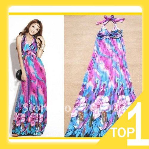 Holiday Sale Free Shipping [ Wholesale & Retail ] Fashion Bohemia Purple Color Halter Floral Summer Long Dress Maxi Dress Y3162