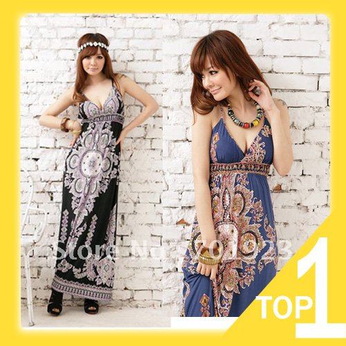 Holiday Sale Free Shipping [ Wholesale & Retail ] Fashion Bohemian Printed V neck Maxi Dress Beach Summer Long Dress Y3220