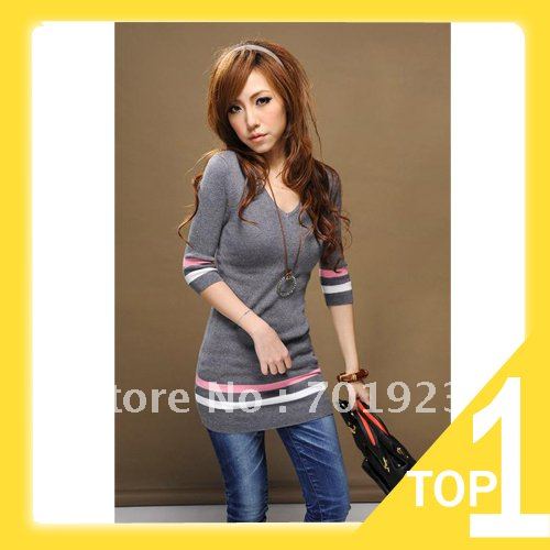 Holiday Sale Free Shipping women pullover V-neck stripe thin sweater Y3986
