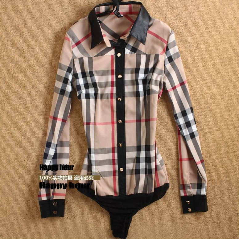 Holiday sale Free shipping Women's Brand Fashion Long-Sleeve Plaid Shirt PU leather Collar OL blouse SY0037 wholesale