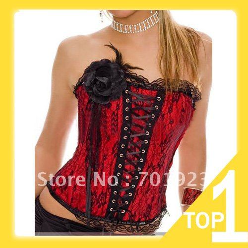 Holiday Sale Free shopping Sexy Elegant Lingerie Lace up Corset Bustier + G-string in Satin many size Red Y3206