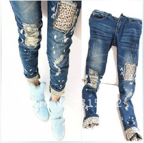 Holiday Sale holiday sale Female leopard print wearing white retro finishing hole butt-lifting pencil jeans roll up hem applique