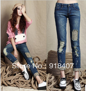 Holiday Sale holiday sale Female leopard print wearing white retro finishing hole butt-lifting pencil jeans roll up hem applique
