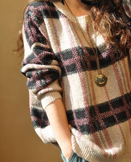 Holiday Sale Holiday Sale Free ShIpping New Women's Fashion Knitted Plaid Print Sweater  Tops 79956