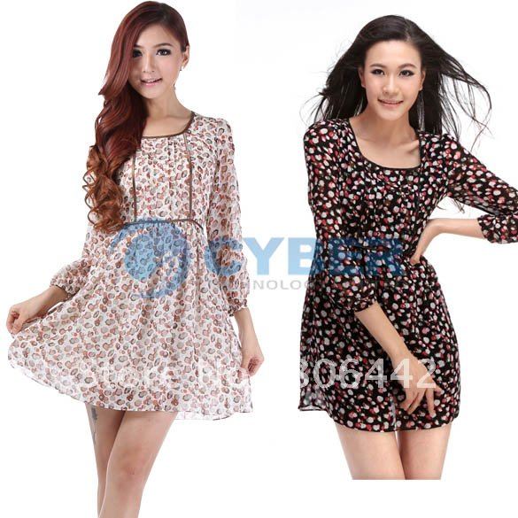 Holiday Sale Korea Fashion Women's OL Pattern Slim Sweet Chiffon Long Sleeve Mini Dress Free Shipping