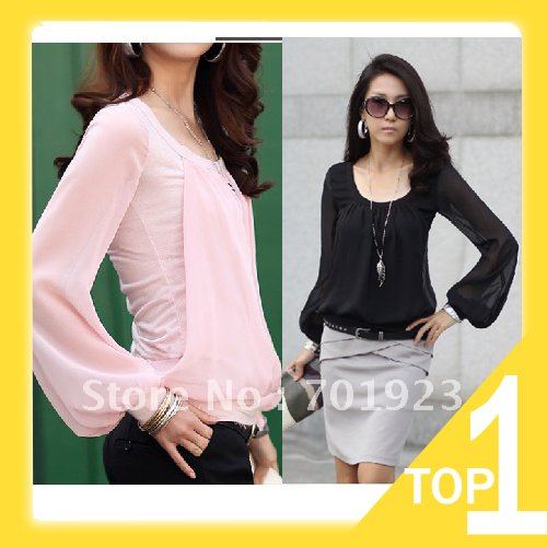 Holiday Sale Lady Crew Round Neck Long Puff Sleeve Chiffon Blouse Shirt Tops T-shirt 3 Color Y3429