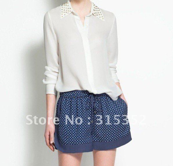 holiday sale new fashion zar* womens' chiffon Rivet collar OL style simple casual blouse white/black t shirt long sleeve elegant