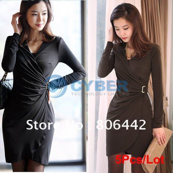 Holiday Sale Wholesale 5Pcs/Lot 2012 Fashion Long Sleeve Dresses Women's Ladies Deep V-Neck Slim Sexy Dress Free Shipping