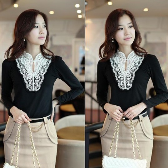 Holiday Sales free shipping 2013 autumn/winter Elegant high quality lace V-neck patchwork long-sleeve modal women Blouses 9169Y