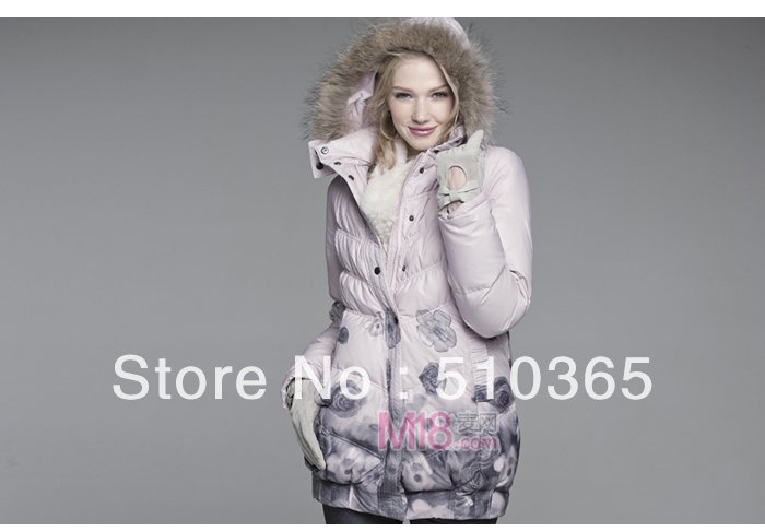 Holiday Sales  Free shipping 2013 winter fashion flower print pleated fur collar with a hood women pink plus size Down MKL