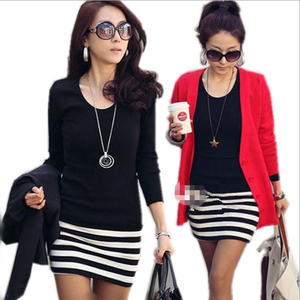 Holiday sales! !New O-Neck Slim long-sleeved  women casual dress, black and white striped preppy dress, size S M L