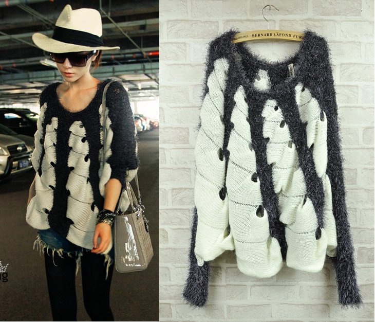 Hollow bling loose black-and-white goatswool sweater / free shipping