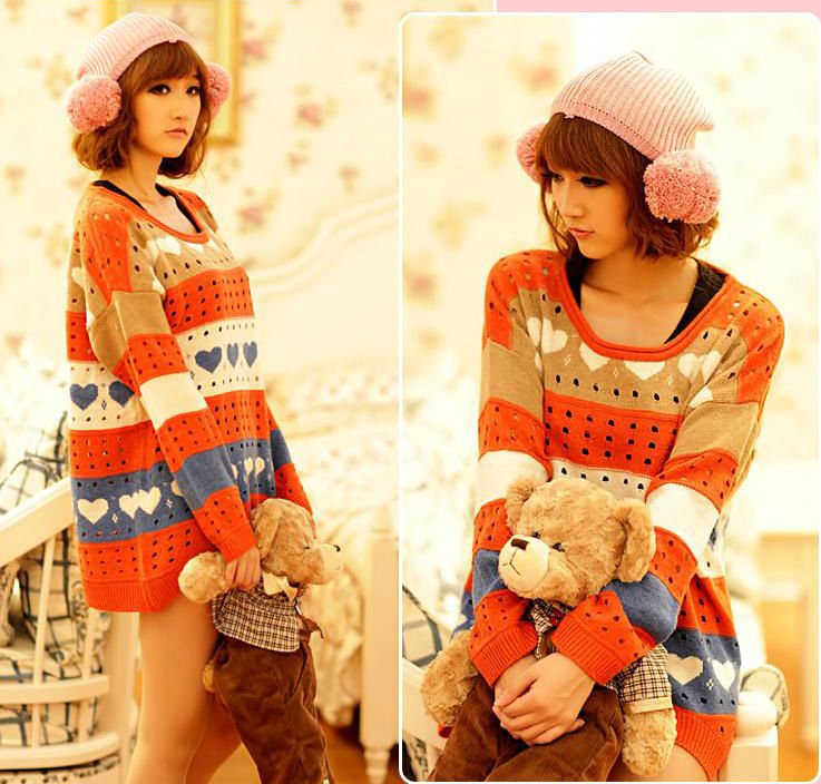 Hollow Long sleeve loose Knitwear Multicolor stripe sweater cutout loose pullover sweater