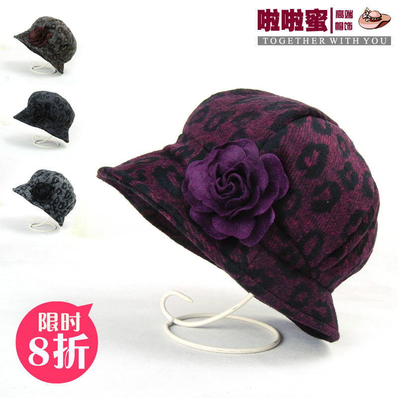 Honey autumn and winter women's hat flower bucket hat leopard print hat fedoras cotton cap woolen hat