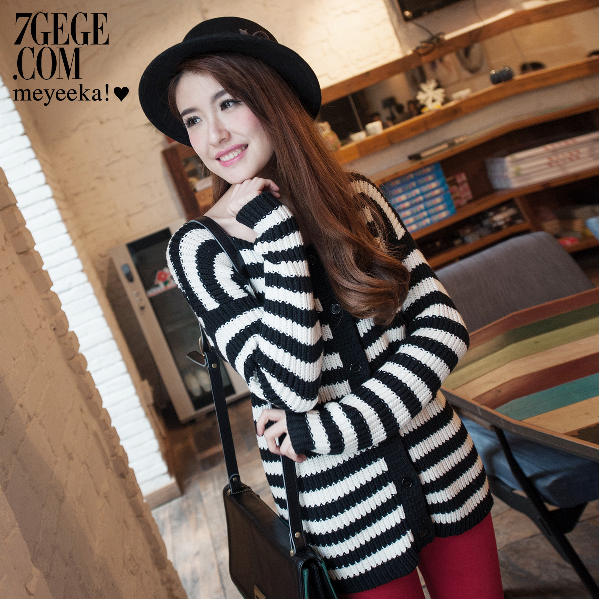 Honey card spring new arrival casual street color block stripe o-neck knitted sweater female 3km1005k