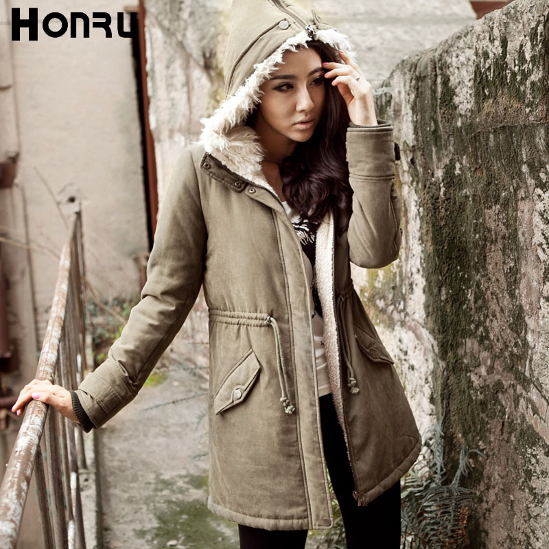 Honru2012 autumn and winter Army Green berber fleece liner thickening hooded wadded jacket cotton-padded coat female