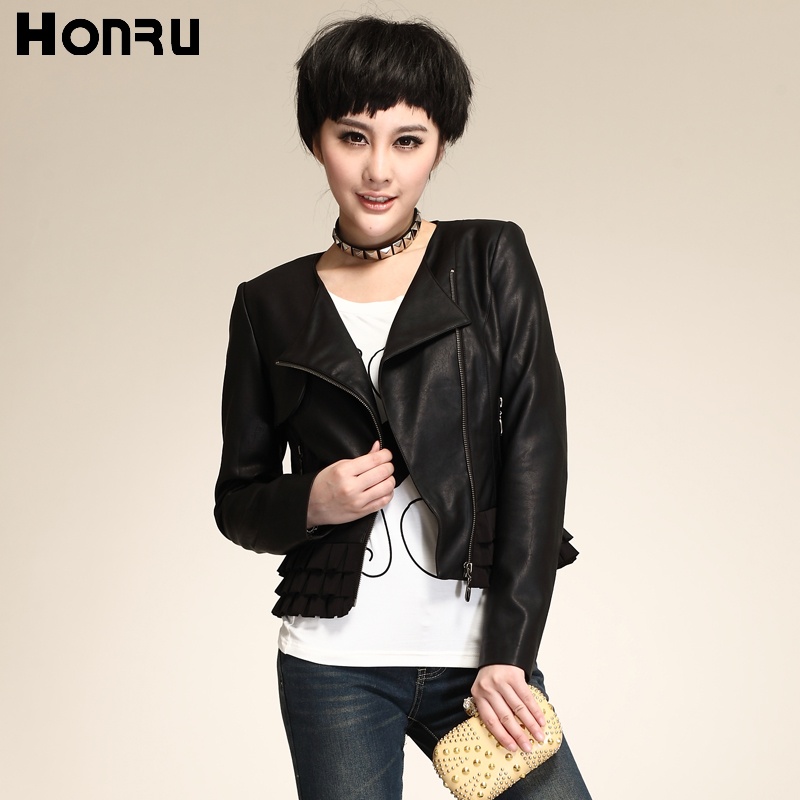 Honru2012 autumn women's patchwork outerwear slim short design small leather clothing zipper PU motorcycle jacket g