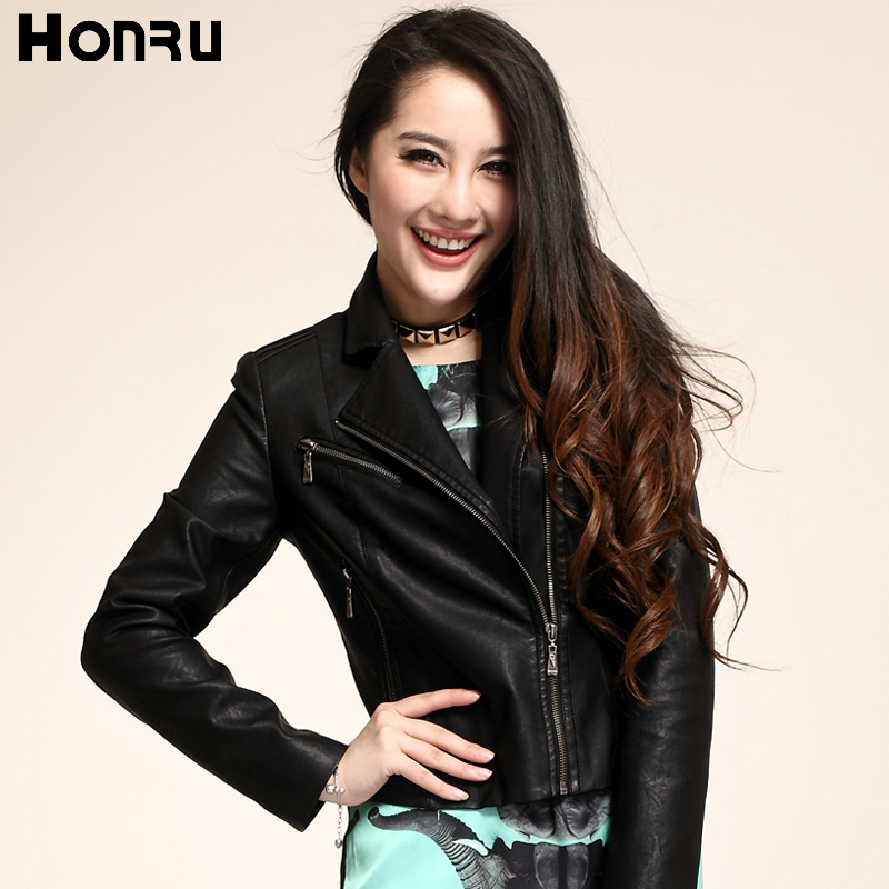 Honru2013 autumn water wash PU motorcycle short design black small leather clothing outerwear slim women's