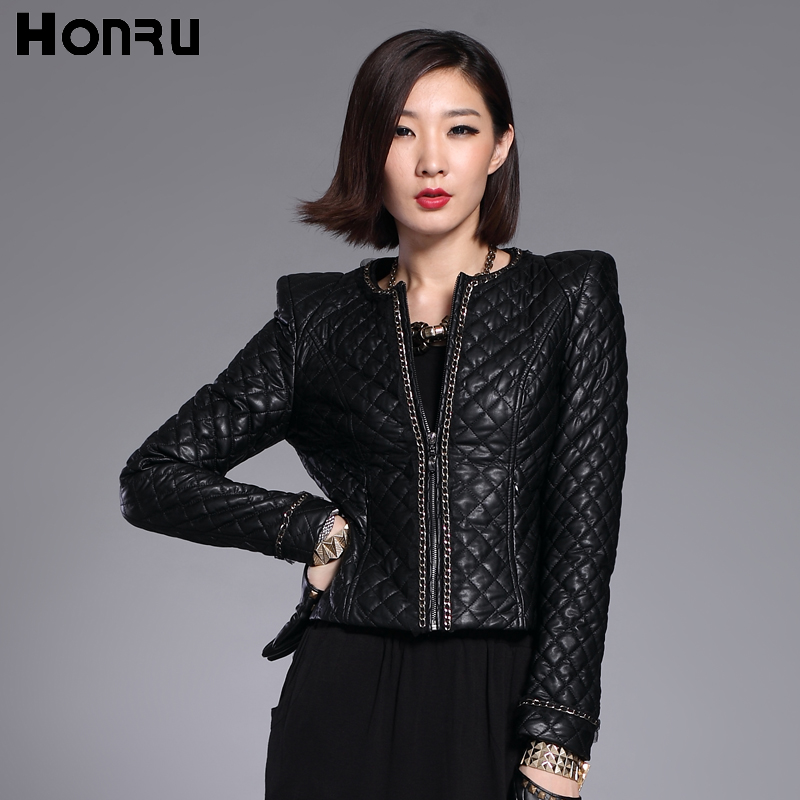 Honru2013 fashion PU short design slim zipper outerwear small wadded jacket female