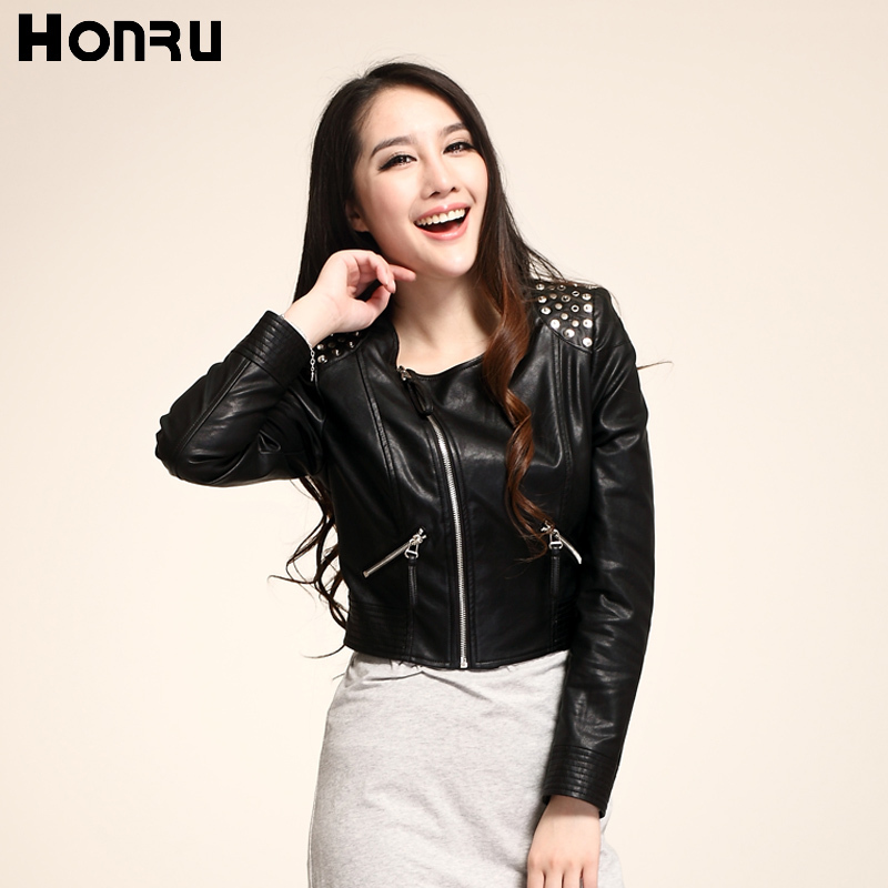 Honru2013 slim rivet water wash motorcycle PU small leather clothing outerwear women's o-neck short design