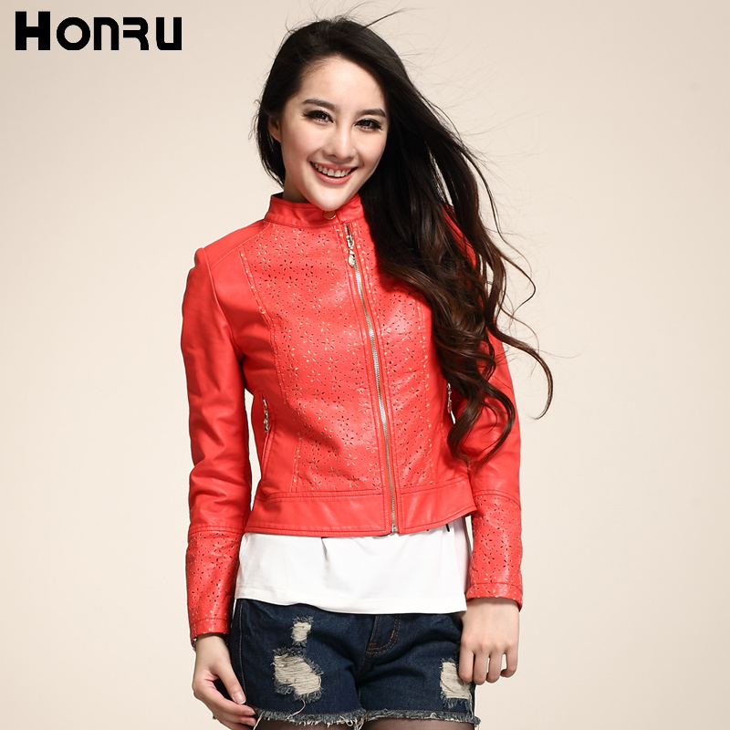 Honru2013 slim water wash PU carved small leather clothing outerwear motorcycle leather jacket women's