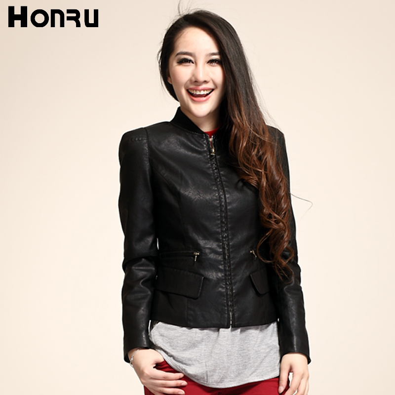 Honru2013 water wash PU motorcycle short design black small leather clothing outerwear slim stand collar women's