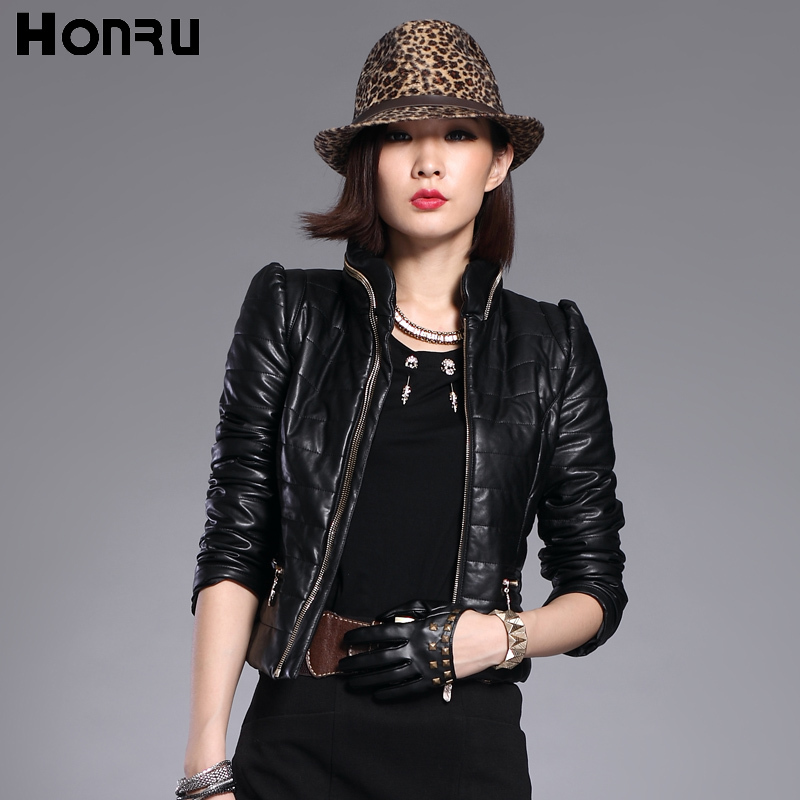 Honru2013 winter new arrival zipper leather wadded jacket female short design slim outerwear plus size cotton-padded jacket