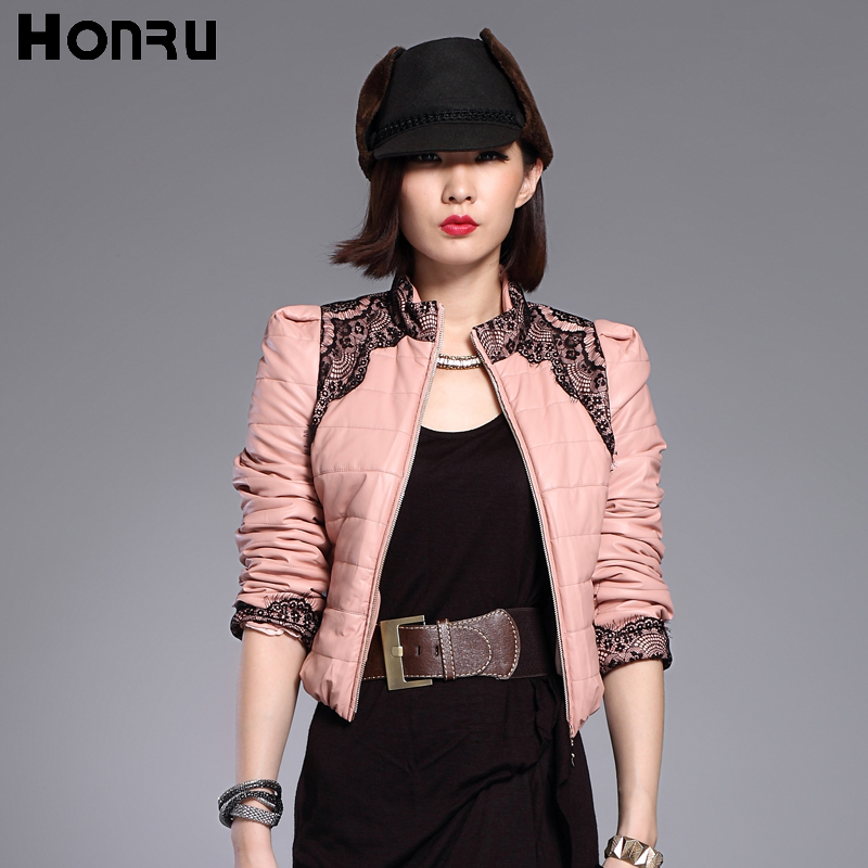 Honru2013 winter PU cotton-padded jacket female short design slim leather wadded jacket fashion stand collar zipper lace women's