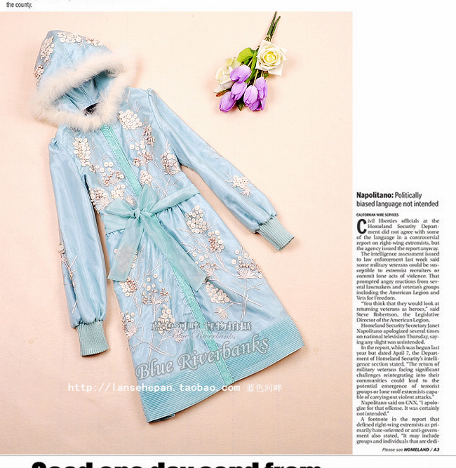 Hooded long-sleeve 2012 organza three-dimensional flowers outerwear trench blue pink