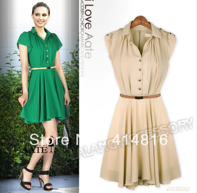 Hot 1piece/lot Women Knee-length Dress Turn-down Collar Golden Button Chiffon Dress Free Belt Pleated Slim Dress M/L  651031