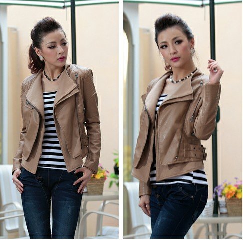 Hot  2012 EUR  New Autumn&winter Women trendy PU jacket long sleeves mandarin collar Slim Leather Coat suitable for party